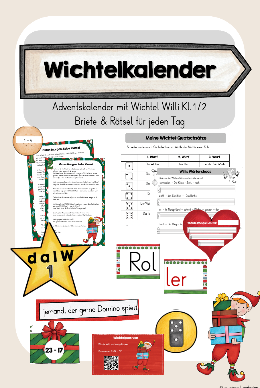 Adventskalender mit Wichtel Willi - Rätsel und Spiele für Kl.1/2